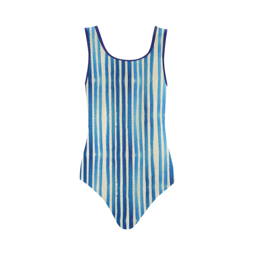 Watercolor STRIPES grunge pattern - blue Vest One Piece Swimsuit (Model S04)