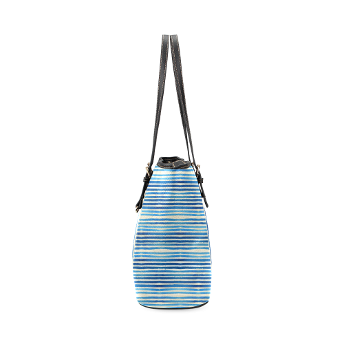 Watercolor STRIPES grunge pattern - blue Leather Tote Bag/Small (Model 1640)