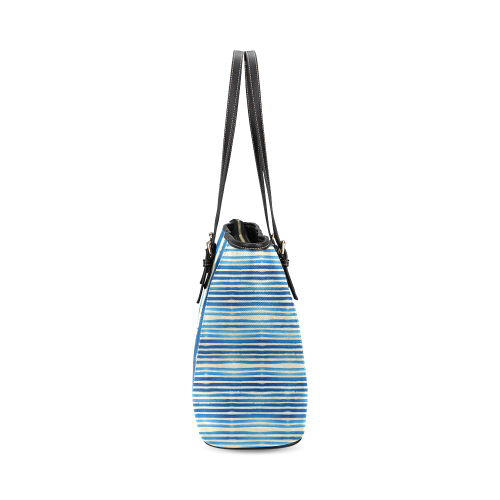 Watercolor STRIPES grunge pattern - blue Leather Tote Bag/Small (Model 1640)