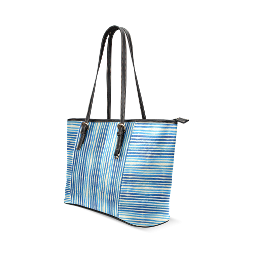 Watercolor STRIPES grunge pattern - blue Leather Tote Bag/Small (Model 1640)