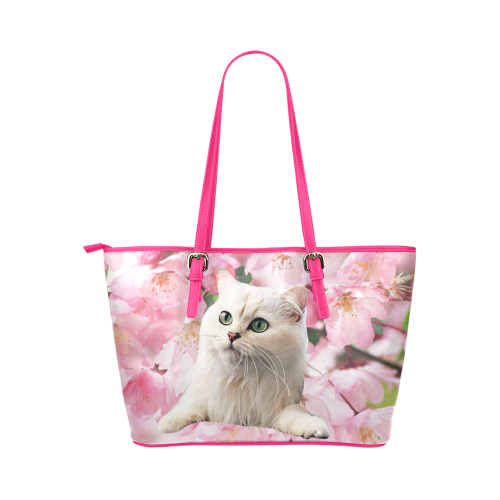 Cat and Flowers Leather Tote Bag/Large (Model 1651)