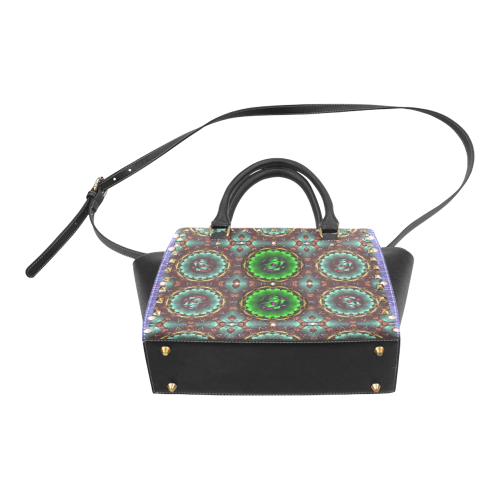 yin yang in art style and golden flowers Rivet Shoulder Handbag (Model 1645)