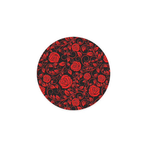 Red floral roses with scrolls and leaves on midnight black background Round Coaster