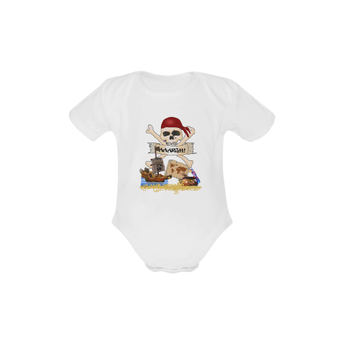 Pirate Ship, Treasure Chest and Jolly Roger Baby Powder Organic Short Sleeve One Piece (Model T28)