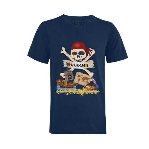 Pirate Ship, Treasure Chest and Jolly Roger Men's V-Neck T-shirt  Big Size(USA Size) (Model T10)
