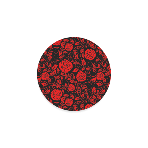 Red floral roses with scrolls and leaves on midnight black background Round Coaster