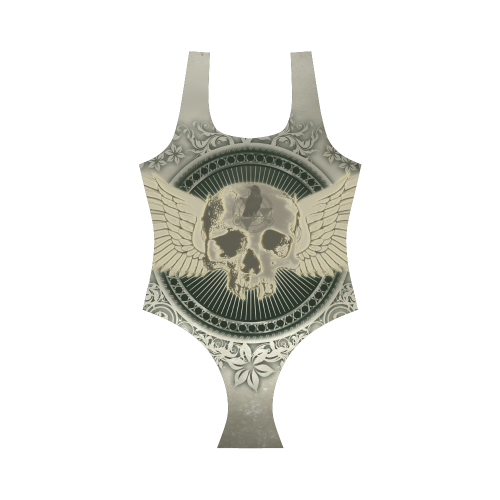 Skull with wings and roses on vintage background Vest One Piece Swimsuit (Model S04)
