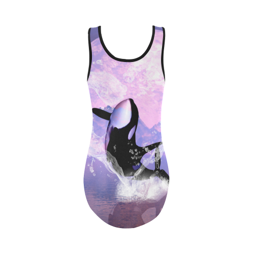 Awesome orca jumping by a heart Vest One Piece Swimsuit (Model S04)