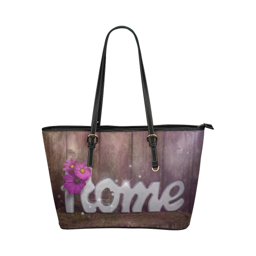 Home sweet Home with purple flowers and sparkle Leather Tote Bag/Large (Model 1651)