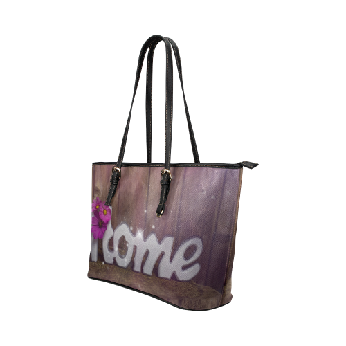 Home sweet Home with purple flowers and sparkle Leather Tote Bag/Large (Model 1651)