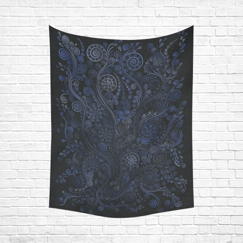Ornamental Blue on Gray Cotton Linen Wall Tapestry 60"x 80"