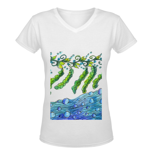 Abstract Blue Green Flowers Vines River Zendoodle Women's Deep V-neck T-shirt (Model T19)