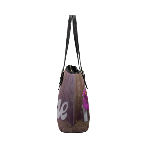 Home sweet Home with purple flowers and sparkle Leather Tote Bag/Large (Model 1651)