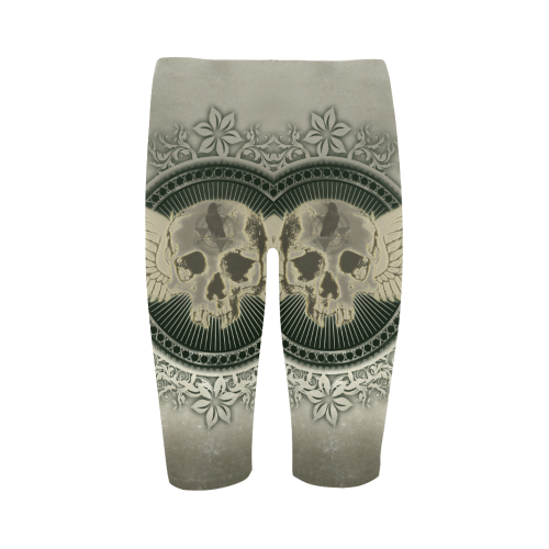 Skull with wings and roses on vintage background Hestia Cropped Leggings (Model L03)