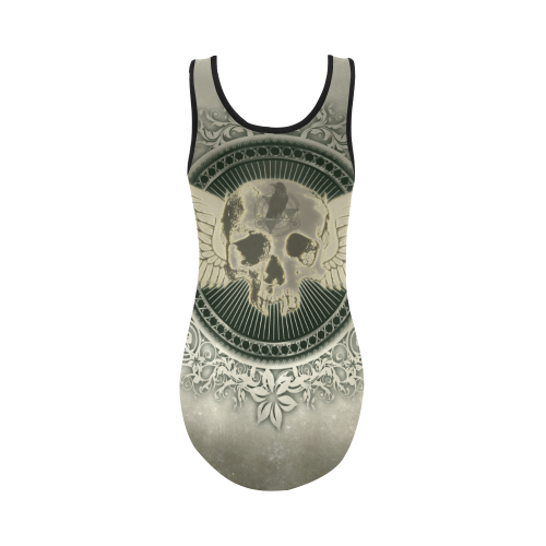Skull with wings and roses on vintage background Vest One Piece Swimsuit (Model S04)