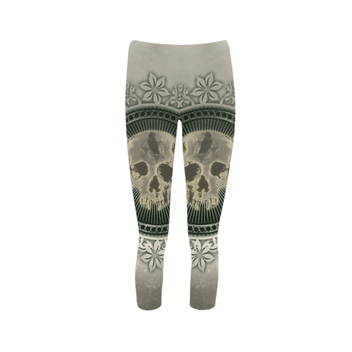 Skull with wings and roses on vintage background Capri Legging (Model L02)