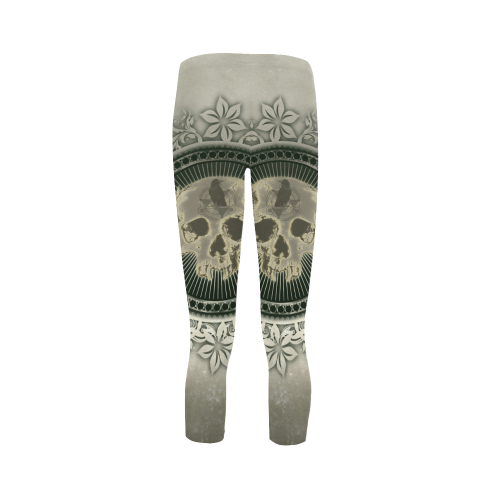 Skull with wings and roses on vintage background Capri Legging (Model L02)