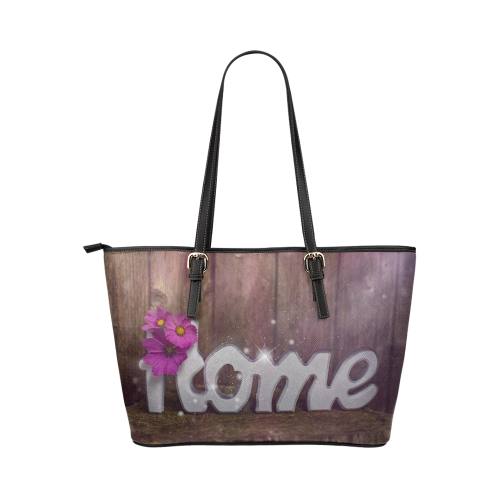 Home sweet Home with purple flowers and sparkle Leather Tote Bag/Large (Model 1651)