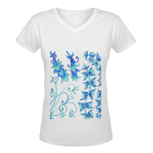 Dancing Aqua Blue Vines, Flowers Zendoodle Garden Women's Deep V-neck T-shirt (Model T19)