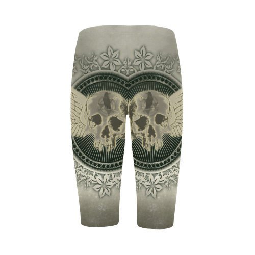 Skull with wings and roses on vintage background Hestia Cropped Leggings (Model L03)