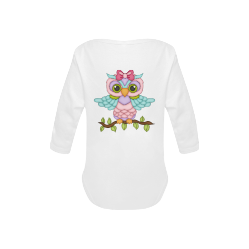 Little girl owl sitting on a branch with wings spread wide and blue wings with pink bow Baby Powder Organic Long Sleeve One Piece (Model T27)