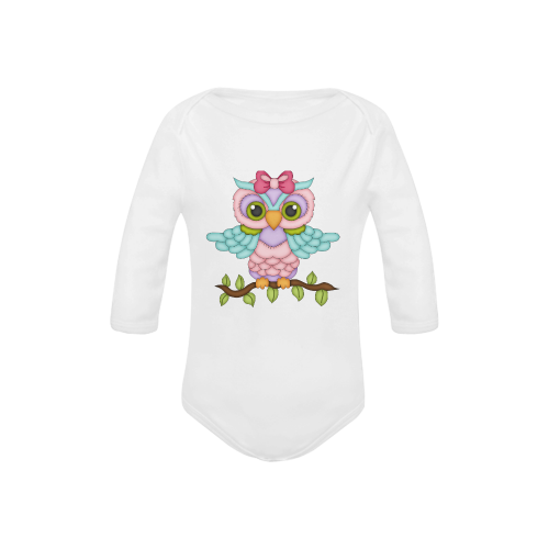 Little girl owl sitting on a branch with wings spread wide and blue wings with pink bow Baby Powder Organic Long Sleeve One Piece (Model T27)