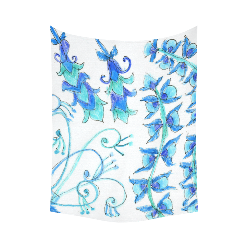Dancing Aqua Blue Vines, Flowers Zendoodle Garden Cotton Linen Wall Tapestry 60"x 80"