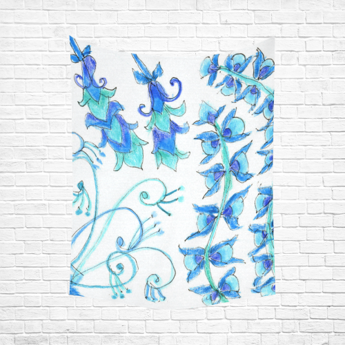 Dancing Aqua Blue Vines, Flowers Zendoodle Garden Cotton Linen Wall Tapestry 60"x 80"