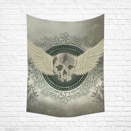 Skull with wings and roses on vintage background Cotton Linen Wall Tapestry 60"x 80"