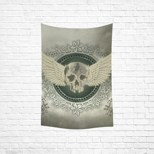 Skull with wings and roses on vintage background Cotton Linen Wall Tapestry 40"x 60"