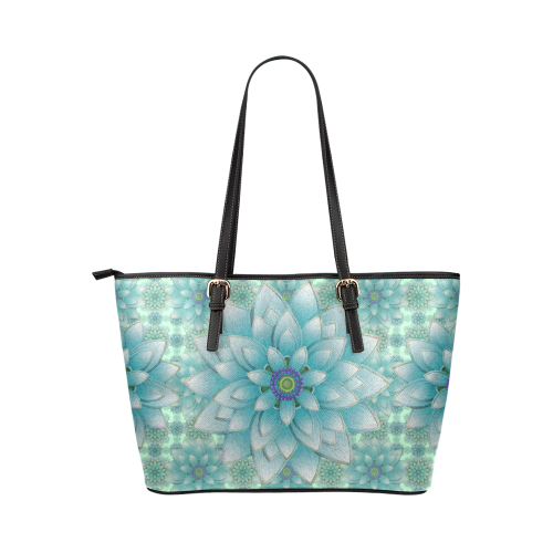 Turquoise Happy Lotus Leather Tote Bag/Small (Model 1651)