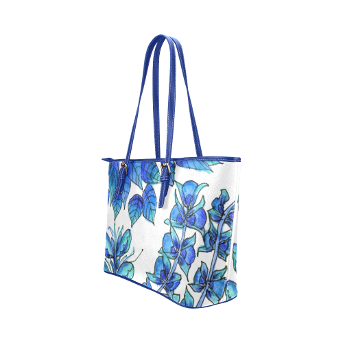 Pretty Blue Flowers, Aqua Garden Zendoodle Leather Tote Bag/Large (Model 1651)