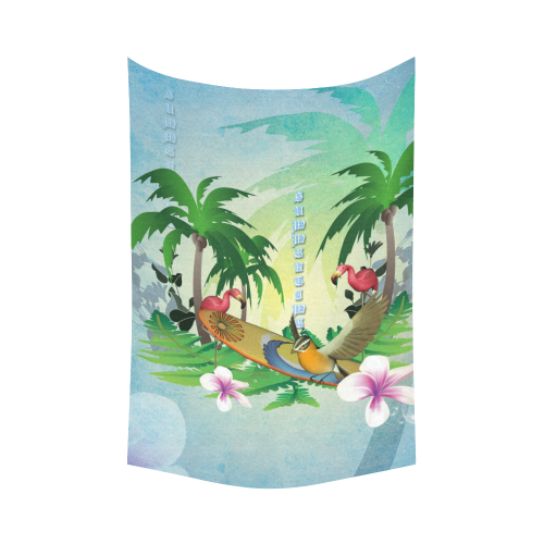 Tropical design with surfboard, palm and flamingo Cotton Linen Wall Tapestry 60"x 90"