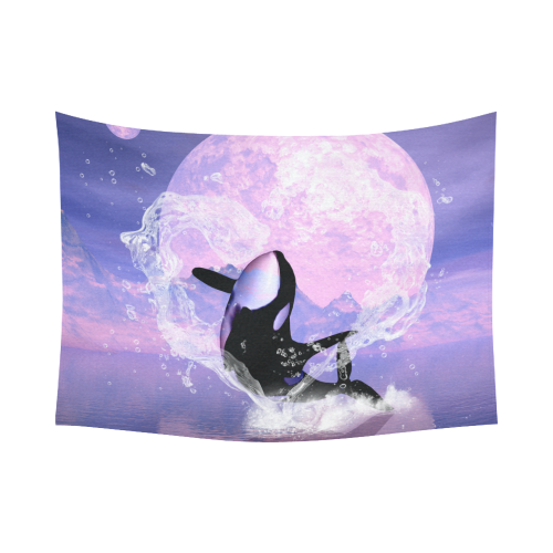 Awesome orca jumping by a heart Cotton Linen Wall Tapestry 80"x 60"