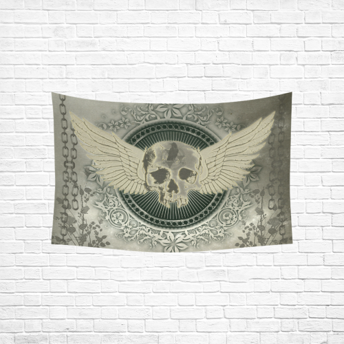 Skull with wings and roses on vintage background Cotton Linen Wall Tapestry 60"x 40"
