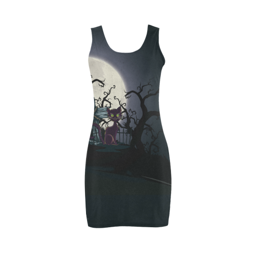 Vintage Halloween Cemetery Cat Medea Vest Dress (Model D06)