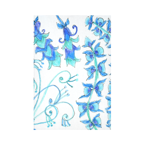 Dancing Aqua Blue Vines, Flowers Zendoodle Garden Cotton Linen Wall Tapestry 60"x 90"