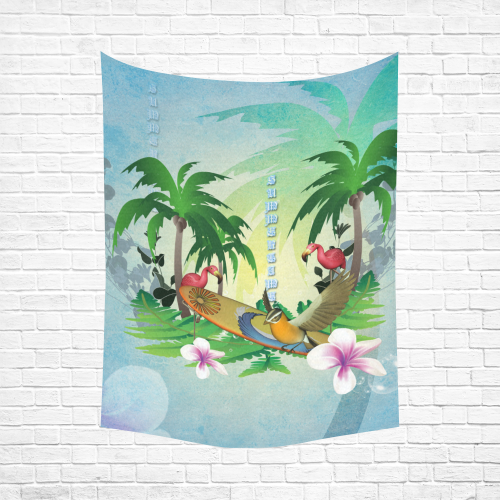 Tropical design with surfboard, palm and flamingo Cotton Linen Wall Tapestry 60"x 80"