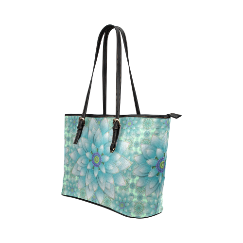 Turquoise Happy Lotus Leather Tote Bag/Large (Model 1651)