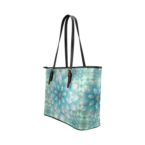 Turquoise Happy Lotus Leather Tote Bag/Small (Model 1651)