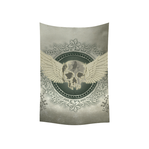 Skull with wings and roses on vintage background Cotton Linen Wall Tapestry 40"x 60"