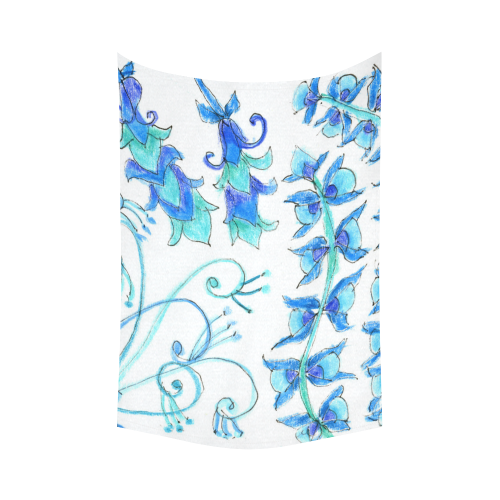 Dancing Aqua Blue Vines, Flowers Zendoodle Garden Cotton Linen Wall Tapestry 60"x 90"