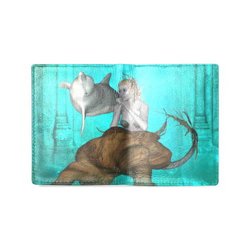 Beautiful mermaid with cute dolphin Men's Leather Wallet (Model 1612)