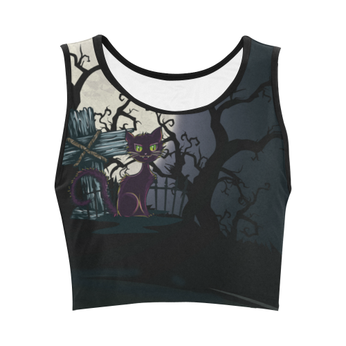 Vintage Halloween Cemetery Cat Women's Crop Top (Model T42)