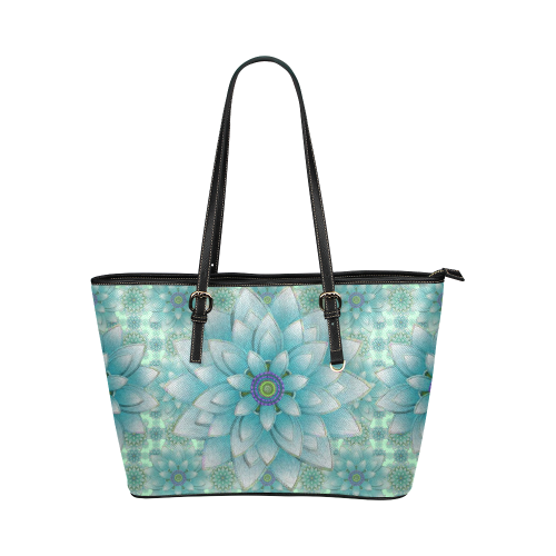 Turquoise Happy Lotus Leather Tote Bag/Small (Model 1651)