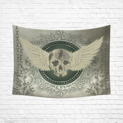Skull with wings and roses on vintage background Cotton Linen Wall Tapestry 80"x 60"