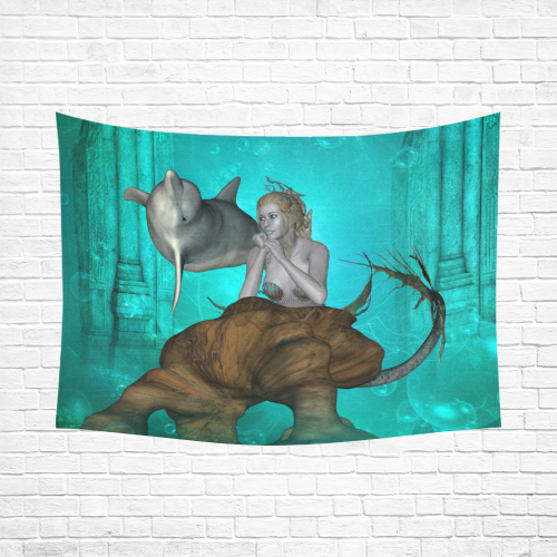 Beautiful mermaid with cute dolphin Cotton Linen Wall Tapestry 80"x 60"