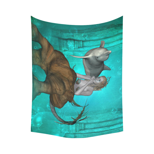 Beautiful mermaid with cute dolphin Cotton Linen Wall Tapestry 80"x 60"
