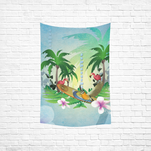 Tropical design with surfboard, palm and flamingo Cotton Linen Wall Tapestry 40"x 60"