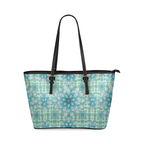 Turquoise Happy Lotus Leather Tote Bag/Large (Model 1640)